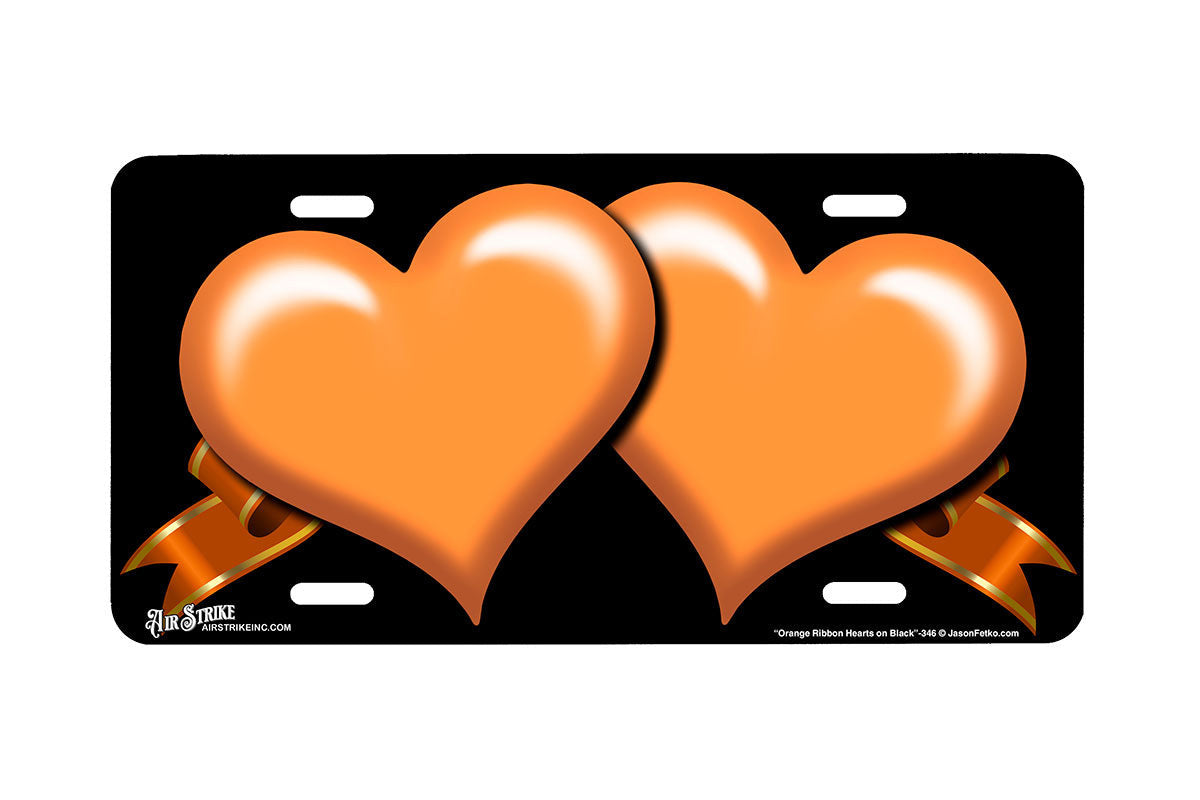 "Orange Ribbon Hearts on Black" - Decorative License Plate