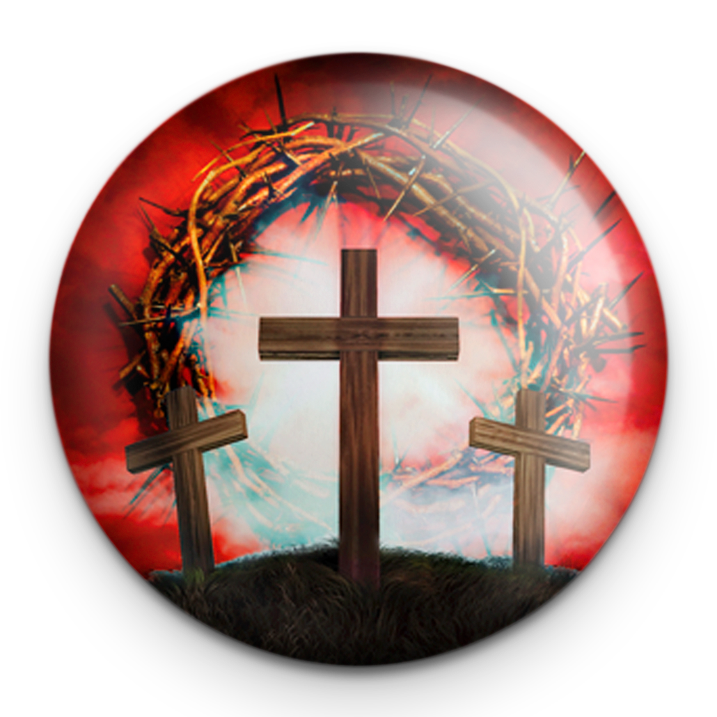 "Three Cross Crown of Thorns" - 1" Round Pinback Button