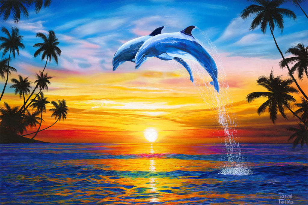 Sunset Dolphins – Coastal Matted Art Print