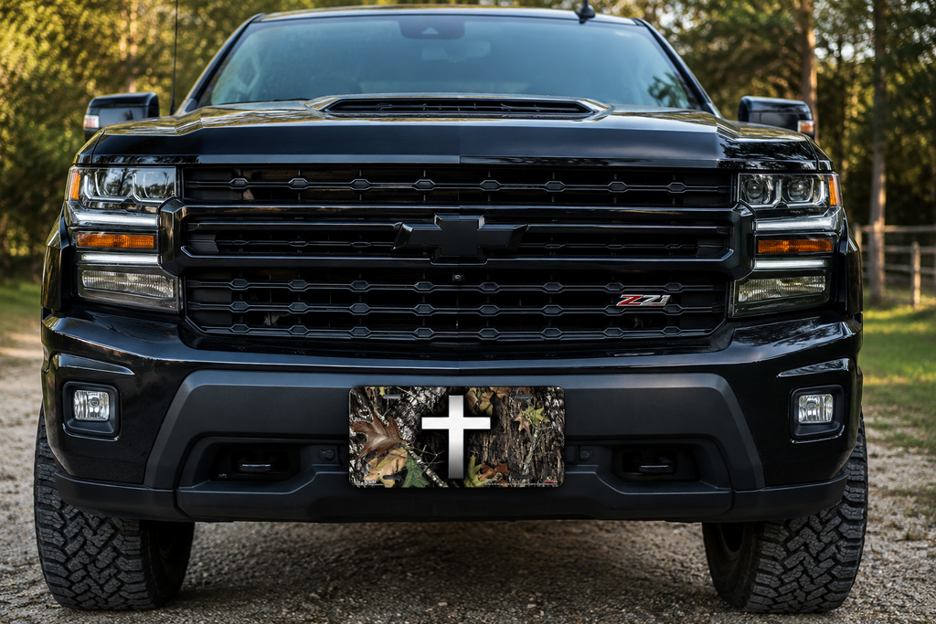 "Cross on Break Up Camo" - Decorative License Plate