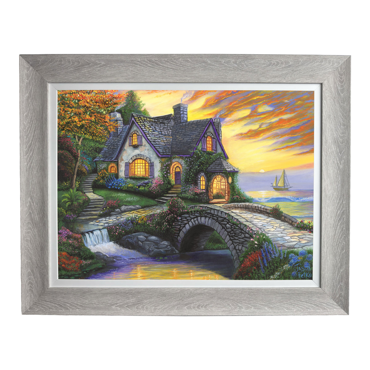 Seaside Sunset Cottage – Large Framed Coastal Wall Art