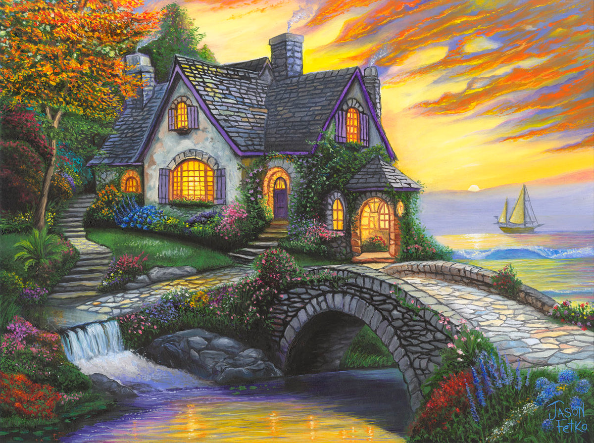 Seaside Sunset Cottage – Large Framed Coastal Wall Art