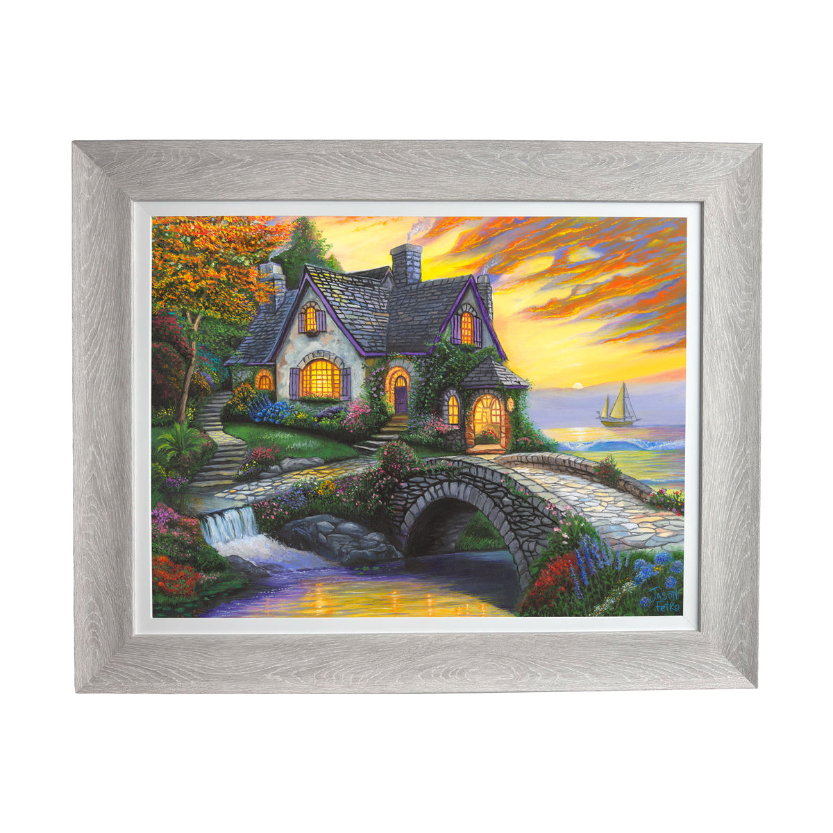 Seaside Sunset Cottage – Large Framed Coastal Wall Art