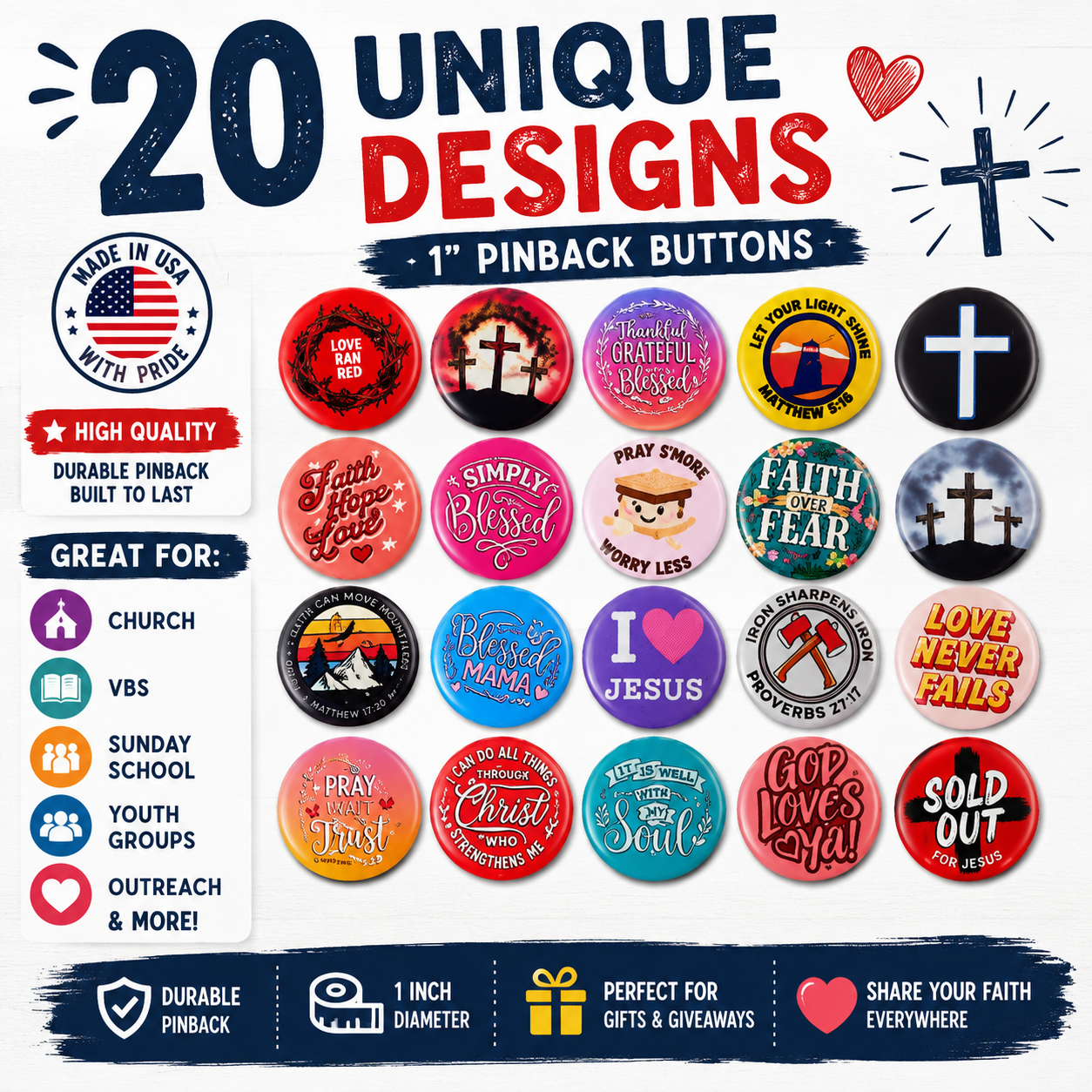 Christian Button Assortment - 20 Pc 1" Buttons