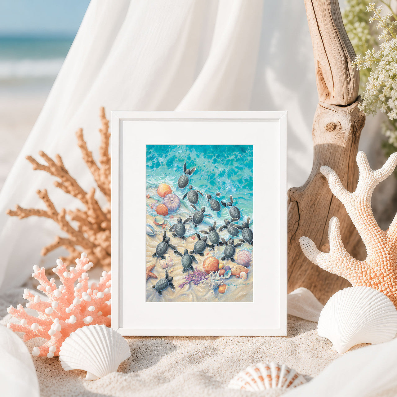 Green Turtle Hatchlings – Matted Art Print