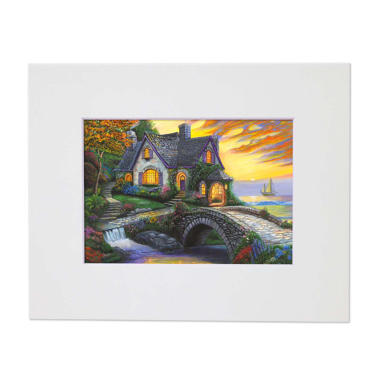 Seaside Sunset Cottage – Coastal Matted Art Print