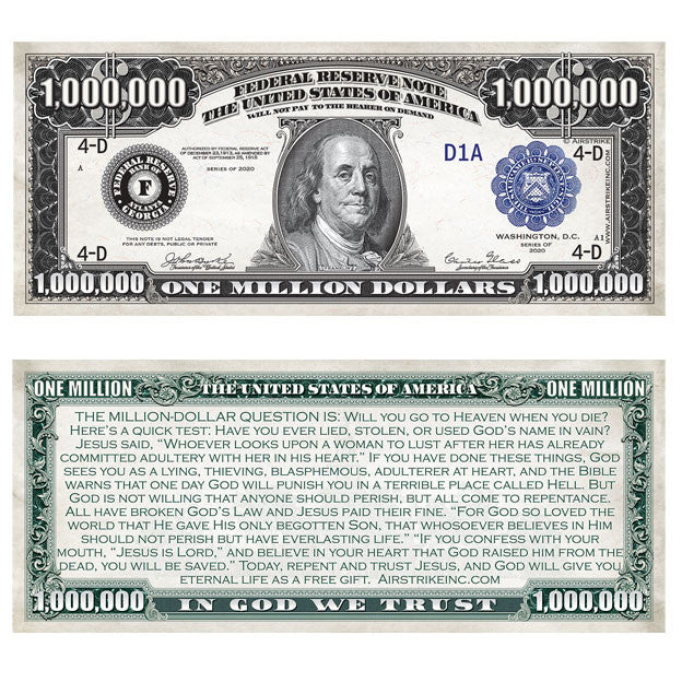 million dollar bill gospel tract front and back evangelism tool
