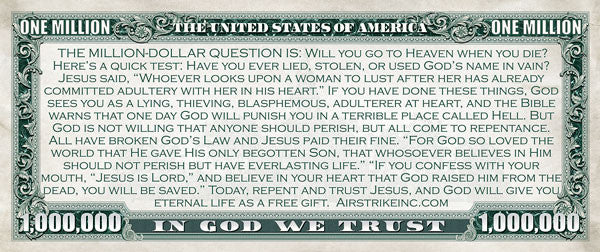 gospel tract message about salvation on million dollar bill