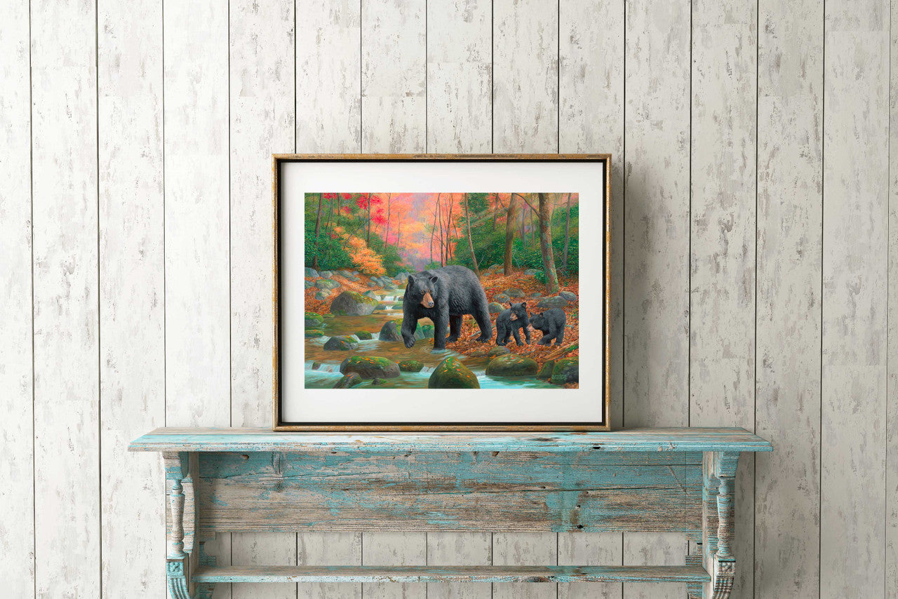 The Water's Fine – Black Bears Matted Art Print