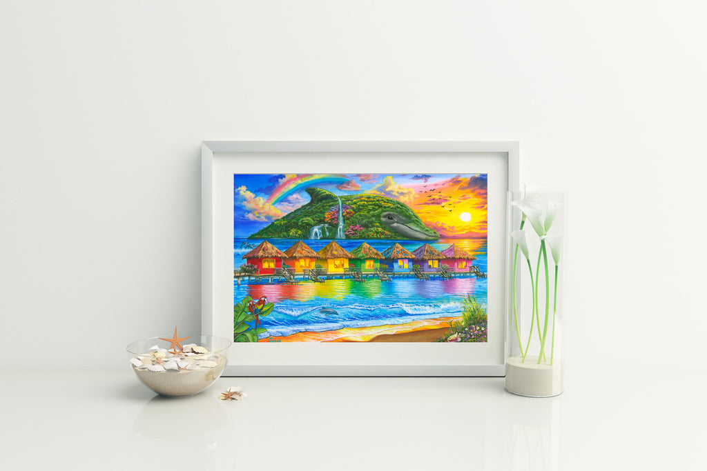 Dolphin Island – Rainbow Tropical Dolphin Matted Art Print