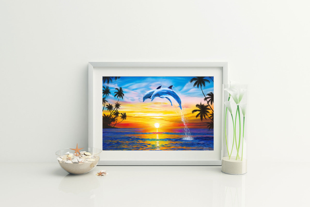 Sunset Dolphins – Coastal Matted Art Print