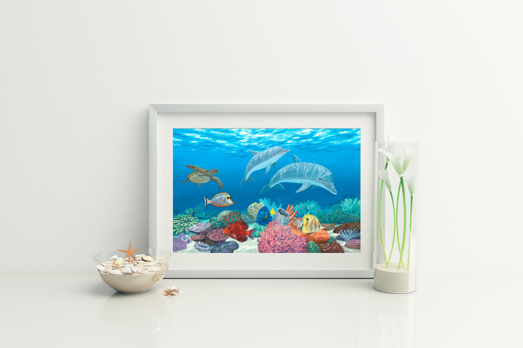 Fins and Friends – Coastal Dolphin Matted Art Print