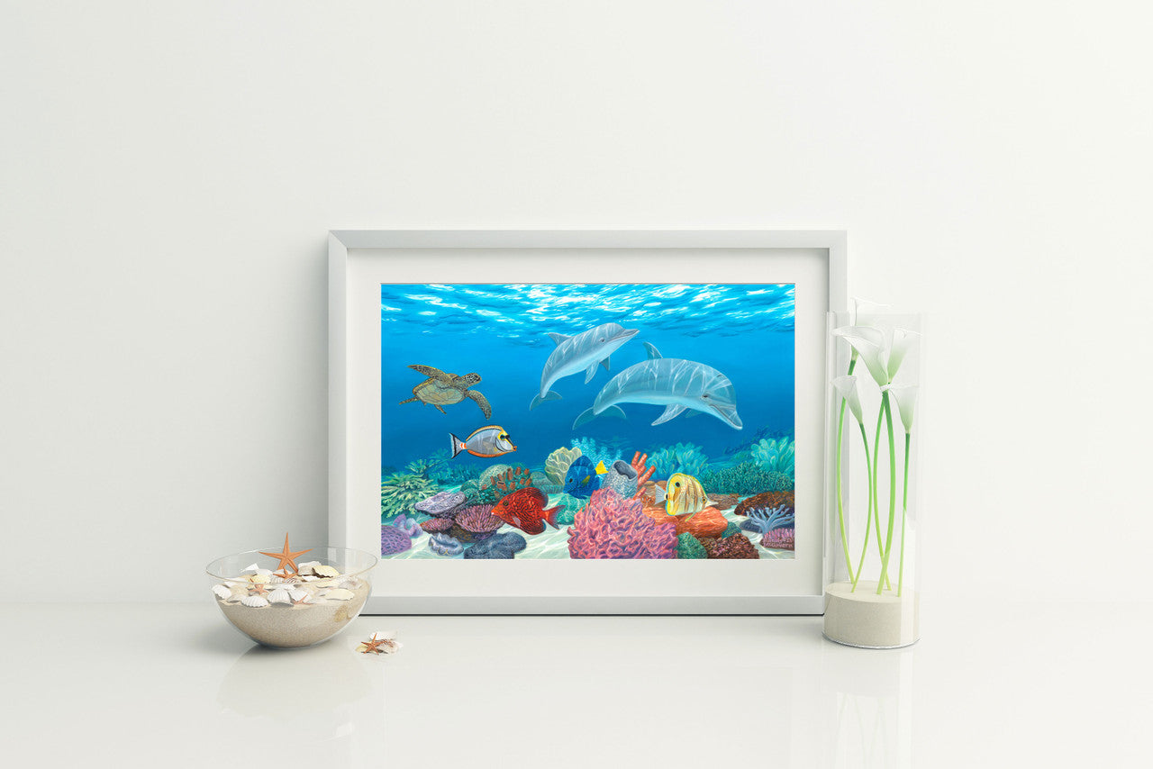 Fins and Friends – Coastal Dolphin Matted Art Print
