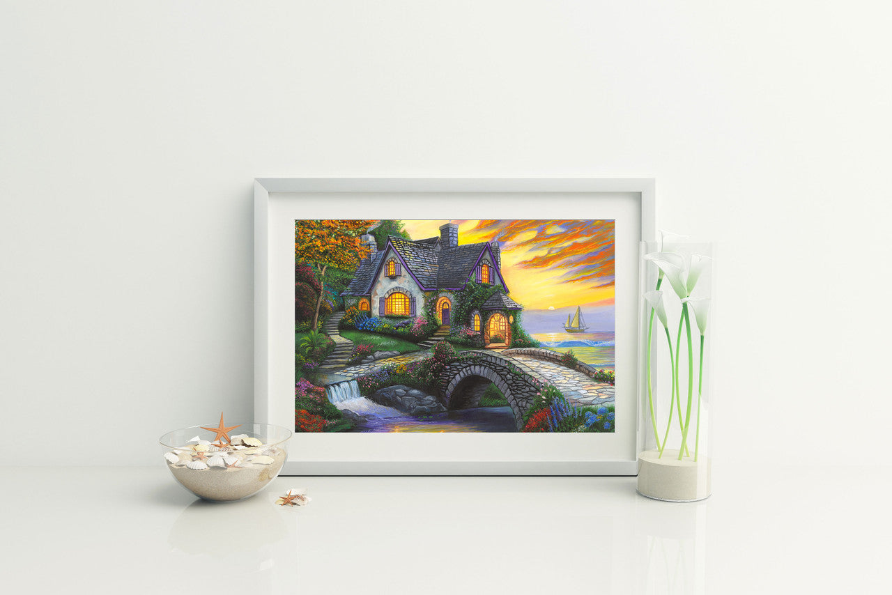 Seaside Sunset Cottage – Coastal Matted Art Print